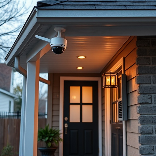 connected smart home with multiple sensors,ai security camera scanning for movement,motion-activated surveillance camera under roof eaves,compact wireless doorbell at urban entry,smart video doorbell on suburban porch