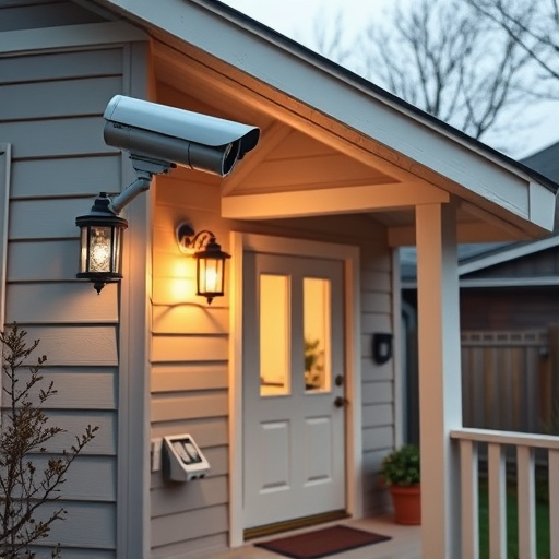 connected smart home with multiple sensors,ai security camera scanning for movement,motion-activated surveillance camera under roof eaves,compact wireless doorbell at urban entry,smart video doorbell on suburban porch