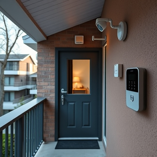 connected smart home with multiple sensors,compact wireless doorbell at urban entry,emergency alert system inside hallway,motion-activated surveillance camera under roof eaves,security keypad on modern apartment wall,smart video doorbell on suburban porch