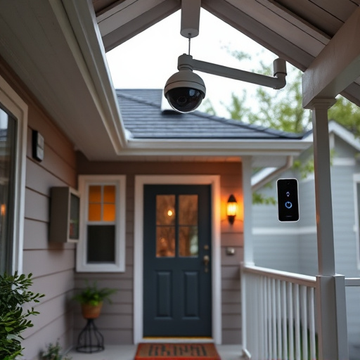 connected smart home with multiple sensors,ai security camera scanning for movement,motion-activated surveillance camera under roof eaves,compact wireless doorbell at urban entry,smart video doorbell on suburban porch