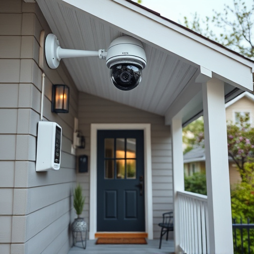 connected smart home with multiple sensors,ai security camera scanning for movement,motion-activated surveillance camera under roof eaves,compact wireless doorbell at urban entry,smart video doorbell on suburban porch