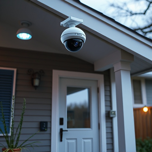 connected smart home with multiple sensors,ai security camera scanning for movement,motion-activated surveillance camera under roof eaves,compact wireless doorbell at urban entry,smart video doorbell on suburban porch