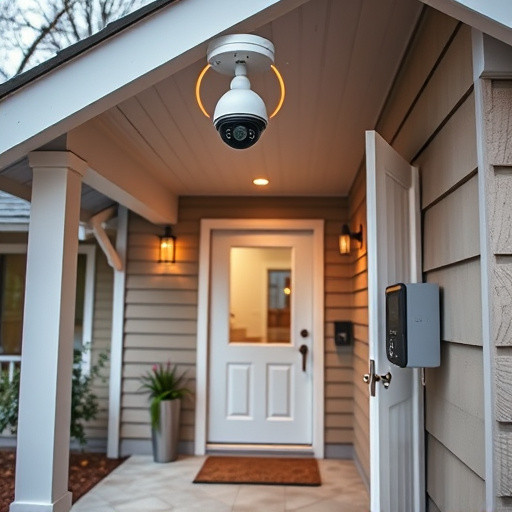 connected smart home with multiple sensors,ai security camera scanning for movement,motion-activated surveillance camera under roof eaves,compact wireless doorbell at urban entry,smart video doorbell on suburban porch