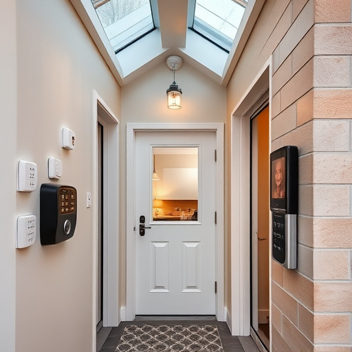 connected smart home with multiple sensors,compact wireless doorbell at urban entry,emergency alert system inside hallway,motion-activated surveillance camera under roof eaves,security keypad on modern apartment wall,smart video doorbell on suburban porch