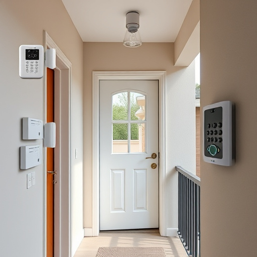 connected smart home with multiple sensors,compact wireless doorbell at urban entry,emergency alert system inside hallway,motion-activated surveillance camera under roof eaves,security keypad on modern apartment wall,smart video doorbell on suburban porch