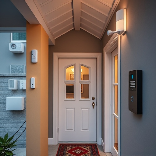 connected smart home with multiple sensors,compact wireless doorbell at urban entry,emergency alert system inside hallway,motion-activated surveillance camera under roof eaves,security keypad on modern apartment wall,smart video doorbell on suburban porch
