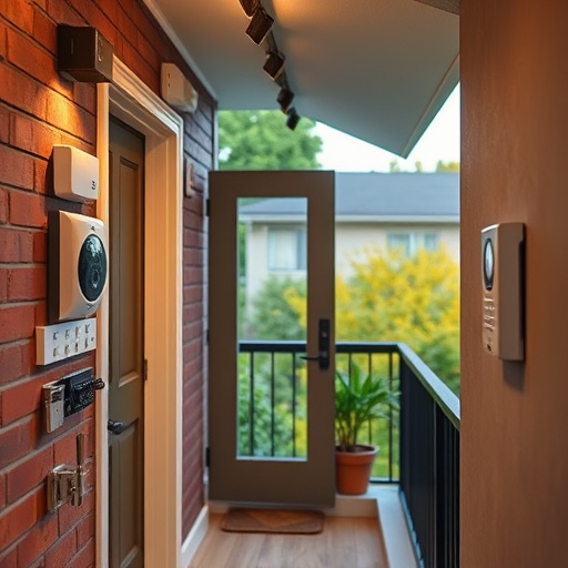 connected smart home with multiple sensors,compact wireless doorbell at urban entry,emergency alert system inside hallway,motion-activated surveillance camera under roof eaves,security keypad on modern apartment wall,smart video doorbell on suburban porch