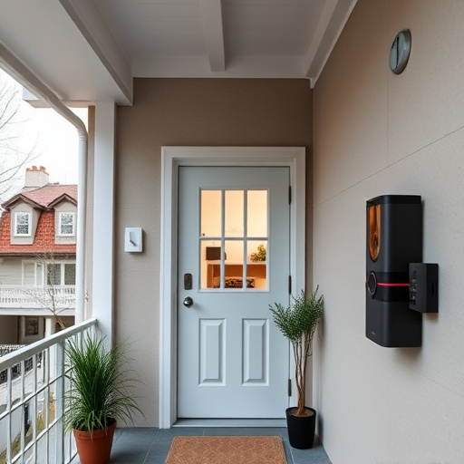 connected smart home with multiple sensors,compact wireless doorbell at urban entry,emergency alert system inside hallway,motion-activated surveillance camera under roof eaves,security keypad on modern apartment wall,smart video doorbell on suburban porch
