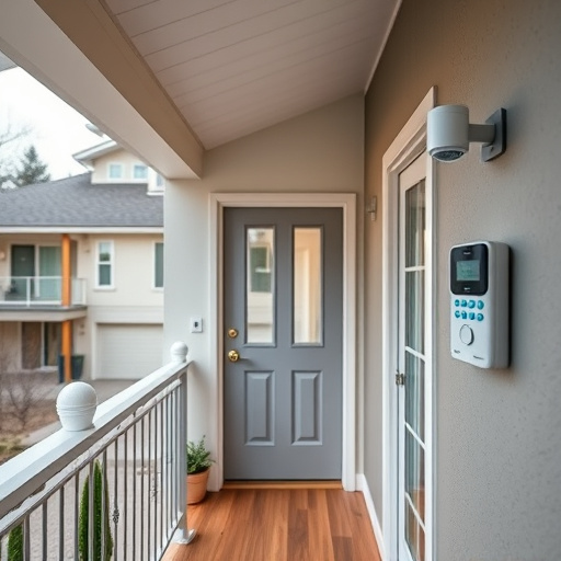 connected smart home with multiple sensors,compact wireless doorbell at urban entry,emergency alert system inside hallway,motion-activated surveillance camera under roof eaves,security keypad on modern apartment wall,smart video doorbell on suburban porch