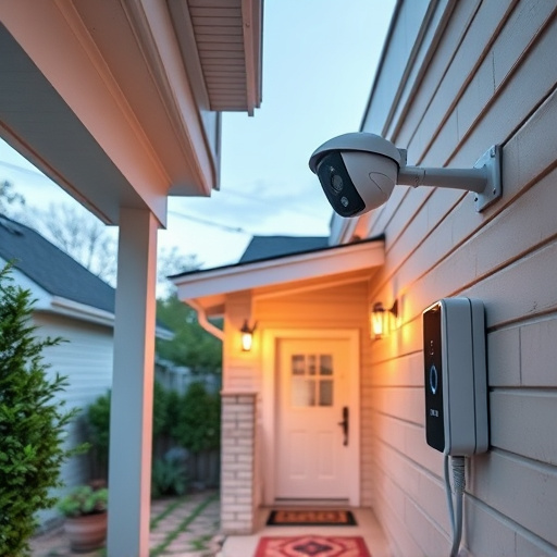 connected smart home with multiple sensors,ai security camera scanning for movement,motion-activated surveillance camera under roof eaves,compact wireless doorbell at urban entry,smart video doorbell on suburban porch