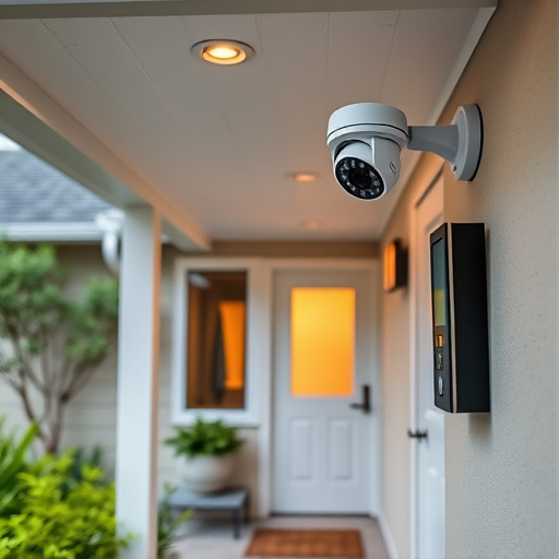 connected smart home with multiple sensors,ai security camera scanning for movement,motion-activated surveillance camera under roof eaves,compact wireless doorbell at urban entry,smart video doorbell on suburban porch