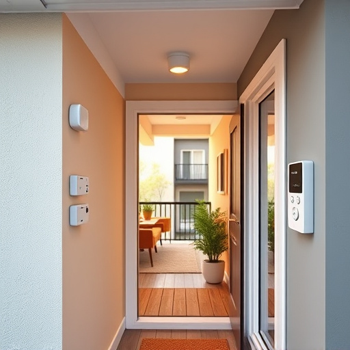 connected smart home with multiple sensors,compact wireless doorbell at urban entry,emergency alert system inside hallway,motion-activated surveillance camera under roof eaves,security keypad on modern apartment wall,smart video doorbell on suburban porch