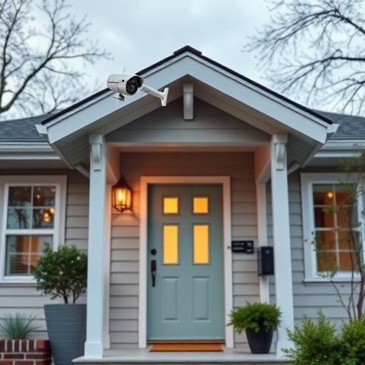 connected smart home with multiple sensors,ai security camera scanning for movement,motion-activated surveillance camera under roof eaves,compact wireless doorbell at urban entry,smart video doorbell on suburban porch