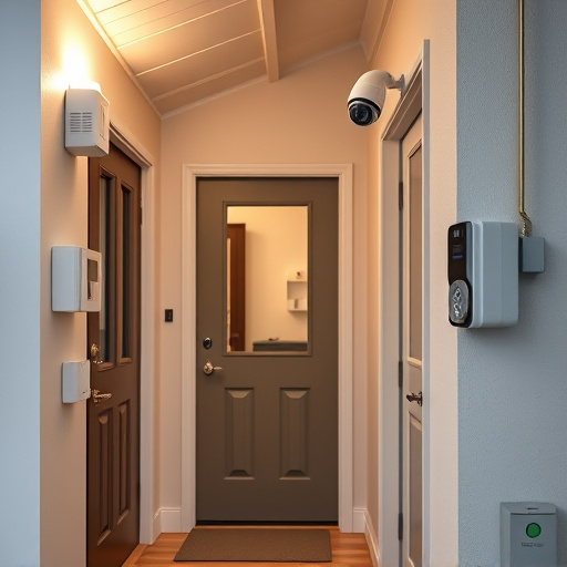 connected smart home with multiple sensors,compact wireless doorbell at urban entry,emergency alert system inside hallway,motion-activated surveillance camera under roof eaves,security keypad on modern apartment wall,smart video doorbell on suburban porch