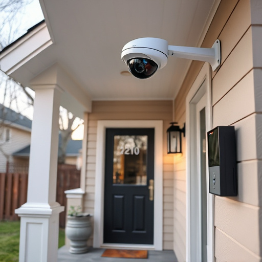 connected smart home with multiple sensors,ai security camera scanning for movement,motion-activated surveillance camera under roof eaves,compact wireless doorbell at urban entry,smart video doorbell on suburban porch