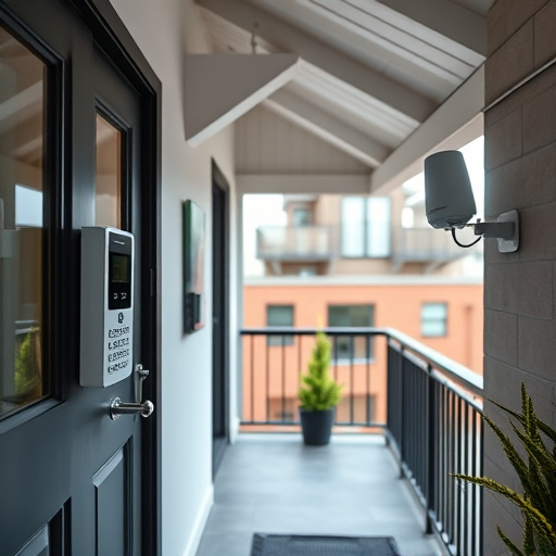 connected smart home with multiple sensors,compact wireless doorbell at urban entry,emergency alert system inside hallway,motion-activated surveillance camera under roof eaves,security keypad on modern apartment wall,smart video doorbell on suburban porch