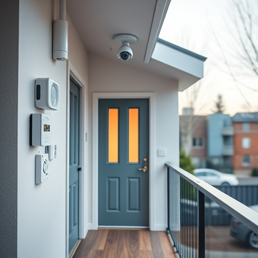 connected smart home with multiple sensors,compact wireless doorbell at urban entry,emergency alert system inside hallway,motion-activated surveillance camera under roof eaves,security keypad on modern apartment wall,smart video doorbell on suburban porch