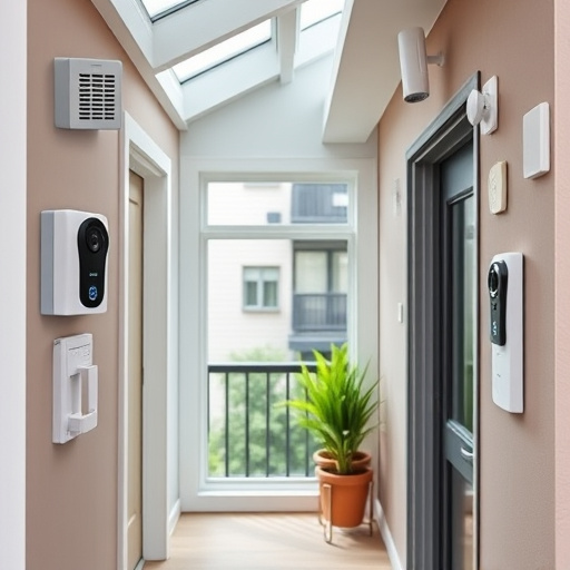 connected smart home with multiple sensors,compact wireless doorbell at urban entry,emergency alert system inside hallway,motion-activated surveillance camera under roof eaves,security keypad on modern apartment wall,smart video doorbell on suburban porch