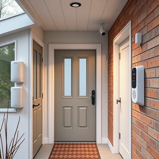 connected smart home with multiple sensors,compact wireless doorbell at urban entry,emergency alert system inside hallway,motion-activated surveillance camera under roof eaves,security keypad on modern apartment wall,smart video doorbell on suburban porch