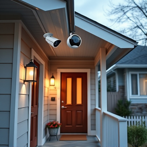 connected smart home with multiple sensors,ai security camera scanning for movement,motion-activated surveillance camera under roof eaves,compact wireless doorbell at urban entry,smart video doorbell on suburban porch