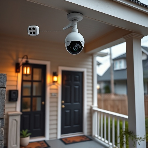 connected smart home with multiple sensors,ai security camera scanning for movement,motion-activated surveillance camera under roof eaves,compact wireless doorbell at urban entry,smart video doorbell on suburban porch