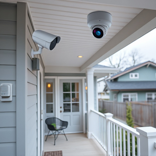 connected smart home with multiple sensors,ai security camera scanning for movement,motion-activated surveillance camera under roof eaves,compact wireless doorbell at urban entry,smart video doorbell on suburban porch
