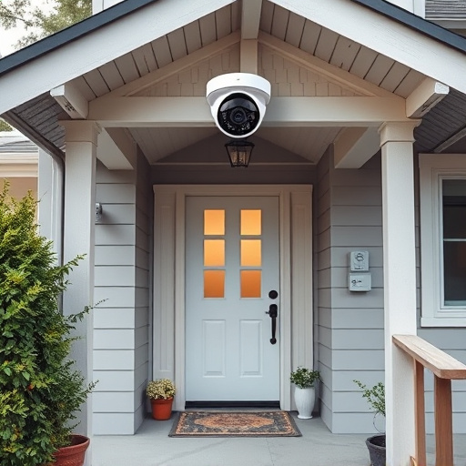 connected smart home with multiple sensors,ai security camera scanning for movement,motion-activated surveillance camera under roof eaves,compact wireless doorbell at urban entry,smart video doorbell on suburban porch