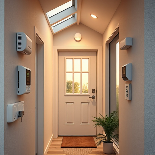 connected smart home with multiple sensors,compact wireless doorbell at urban entry,emergency alert system inside hallway,motion-activated surveillance camera under roof eaves,security keypad on modern apartment wall,smart video doorbell on suburban porch