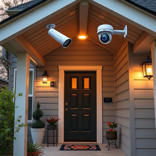 connected smart home with multiple sensors,ai security camera scanning for movement,motion-activated surveillance camera under roof eaves,compact wireless doorbell at urban entry,smart video doorbell on suburban porch