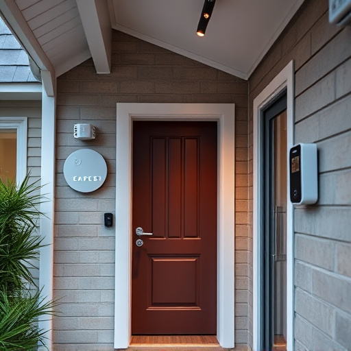 connected smart home with multiple sensors,compact wireless doorbell at urban entry,emergency alert system inside hallway,motion-activated surveillance camera under roof eaves,security keypad on modern apartment wall,smart video doorbell on suburban porch
