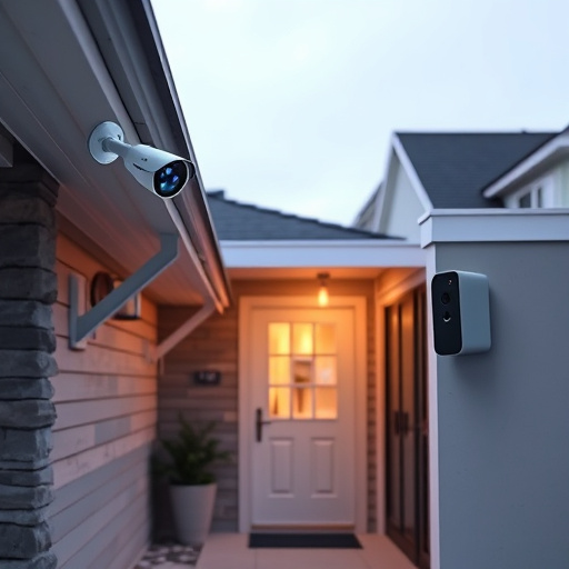 connected smart home with multiple sensors,ai security camera scanning for movement,motion-activated surveillance camera under roof eaves,compact wireless doorbell at urban entry,smart video doorbell on suburban porch