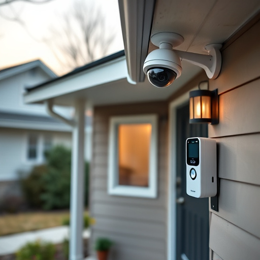 connected smart home with multiple sensors,ai security camera scanning for movement,motion-activated surveillance camera under roof eaves,compact wireless doorbell at urban entry,smart video doorbell on suburban porch