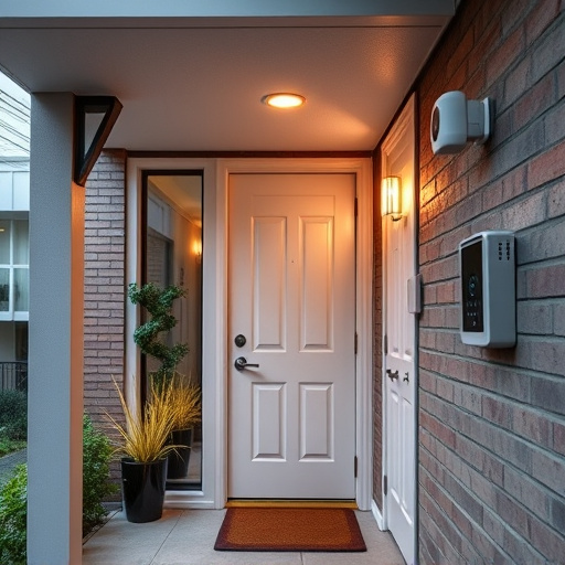 connected smart home with multiple sensors,compact wireless doorbell at urban entry,emergency alert system inside hallway,motion-activated surveillance camera under roof eaves,security keypad on modern apartment wall,smart video doorbell on suburban porch