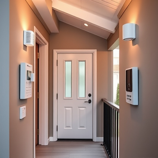connected smart home with multiple sensors,compact wireless doorbell at urban entry,emergency alert system inside hallway,motion-activated surveillance camera under roof eaves,security keypad on modern apartment wall,smart video doorbell on suburban porch