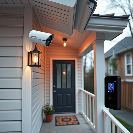connected smart home with multiple sensors,ai security camera scanning for movement,motion-activated surveillance camera under roof eaves,compact wireless doorbell at urban entry,smart video doorbell on suburban porch