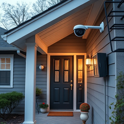 connected smart home with multiple sensors,ai security camera scanning for movement,motion-activated surveillance camera under roof eaves,compact wireless doorbell at urban entry,smart video doorbell on suburban porch