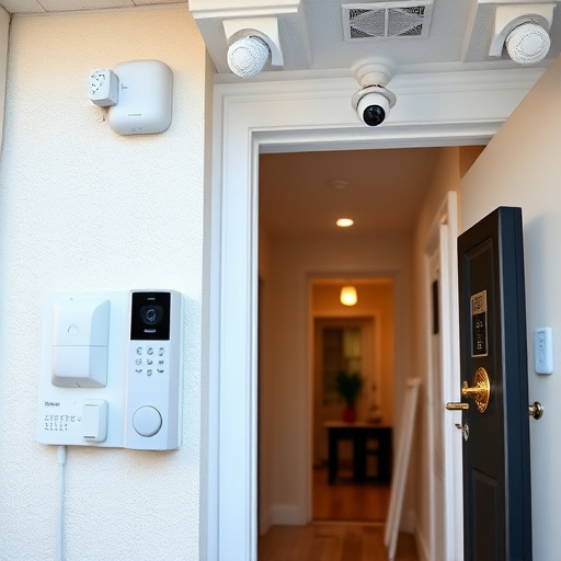 connected smart home with multiple sensors,compact wireless doorbell at urban entry,emergency alert system inside hallway,motion-activated surveillance camera under roof eaves,security keypad on modern apartment wall,smart video doorbell on suburban porch