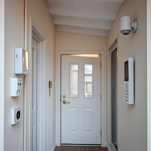 connected smart home with multiple sensors,compact wireless doorbell at urban entry,emergency alert system inside hallway,motion-activated surveillance camera under roof eaves,security keypad on modern apartment wall,smart video doorbell on suburban porch