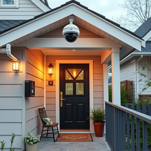 connected smart home with multiple sensors,ai security camera scanning for movement,motion-activated surveillance camera under roof eaves,compact wireless doorbell at urban entry,smart video doorbell on suburban porch