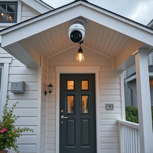 connected smart home with multiple sensors,ai security camera scanning for movement,motion-activated surveillance camera under roof eaves,compact wireless doorbell at urban entry,smart video doorbell on suburban porch
