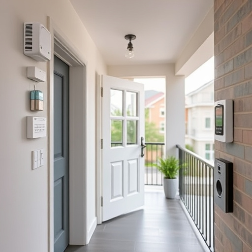 connected smart home with multiple sensors,compact wireless doorbell at urban entry,emergency alert system inside hallway,motion-activated surveillance camera under roof eaves,security keypad on modern apartment wall,smart video doorbell on suburban porch