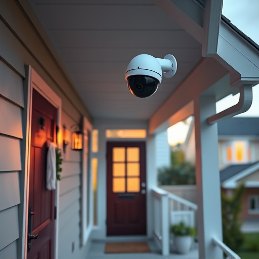 connected smart home with multiple sensors,ai security camera scanning for movement,motion-activated surveillance camera under roof eaves,compact wireless doorbell at urban entry,smart video doorbell on suburban porch