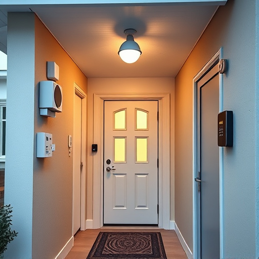 connected smart home with multiple sensors,compact wireless doorbell at urban entry,emergency alert system inside hallway,motion-activated surveillance camera under roof eaves,security keypad on modern apartment wall,smart video doorbell on suburban porch
