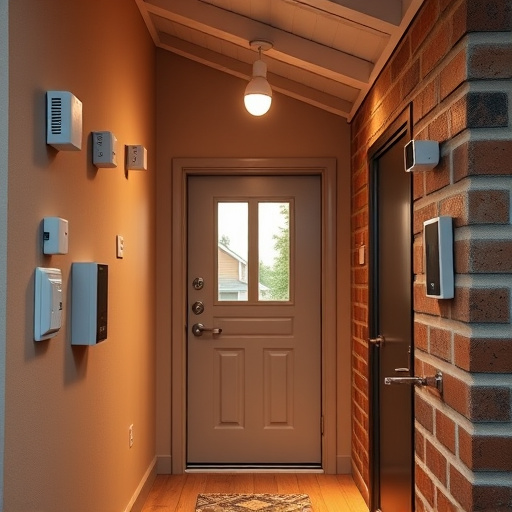 connected smart home with multiple sensors,compact wireless doorbell at urban entry,emergency alert system inside hallway,motion-activated surveillance camera under roof eaves,security keypad on modern apartment wall,smart video doorbell on suburban porch
