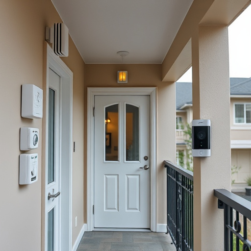 connected smart home with multiple sensors,compact wireless doorbell at urban entry,emergency alert system inside hallway,motion-activated surveillance camera under roof eaves,security keypad on modern apartment wall,smart video doorbell on suburban porch