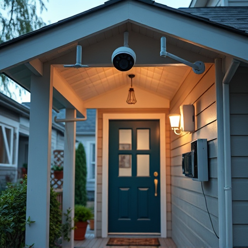 connected smart home with multiple sensors,ai security camera scanning for movement,motion-activated surveillance camera under roof eaves,compact wireless doorbell at urban entry,smart video doorbell on suburban porch