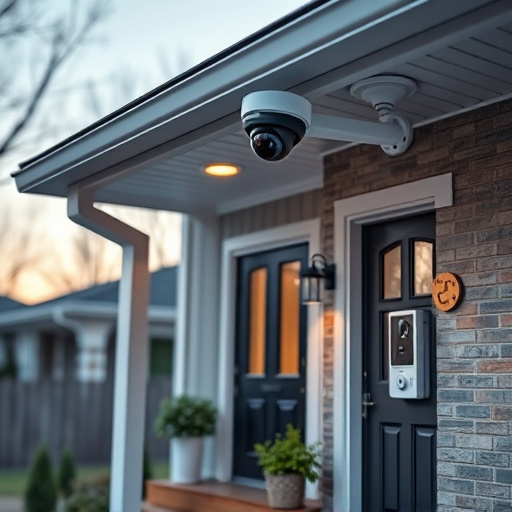 connected smart home with multiple sensors,ai security camera scanning for movement,motion-activated surveillance camera under roof eaves,compact wireless doorbell at urban entry,smart video doorbell on suburban porch
