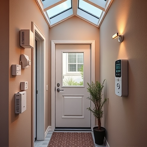 connected smart home with multiple sensors,compact wireless doorbell at urban entry,emergency alert system inside hallway,motion-activated surveillance camera under roof eaves,security keypad on modern apartment wall,smart video doorbell on suburban porch