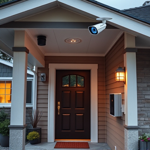 connected smart home with multiple sensors,ai security camera scanning for movement,motion-activated surveillance camera under roof eaves,compact wireless doorbell at urban entry,smart video doorbell on suburban porch