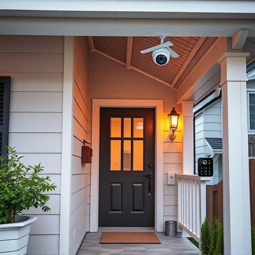 connected smart home with multiple sensors,ai security camera scanning for movement,motion-activated surveillance camera under roof eaves,compact wireless doorbell at urban entry,smart video doorbell on suburban porch